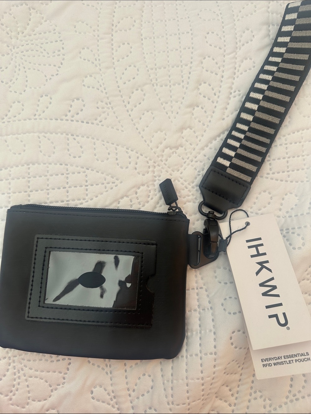Ihkwip black RFID Wristlet Pouch with Stripe Strap nwt